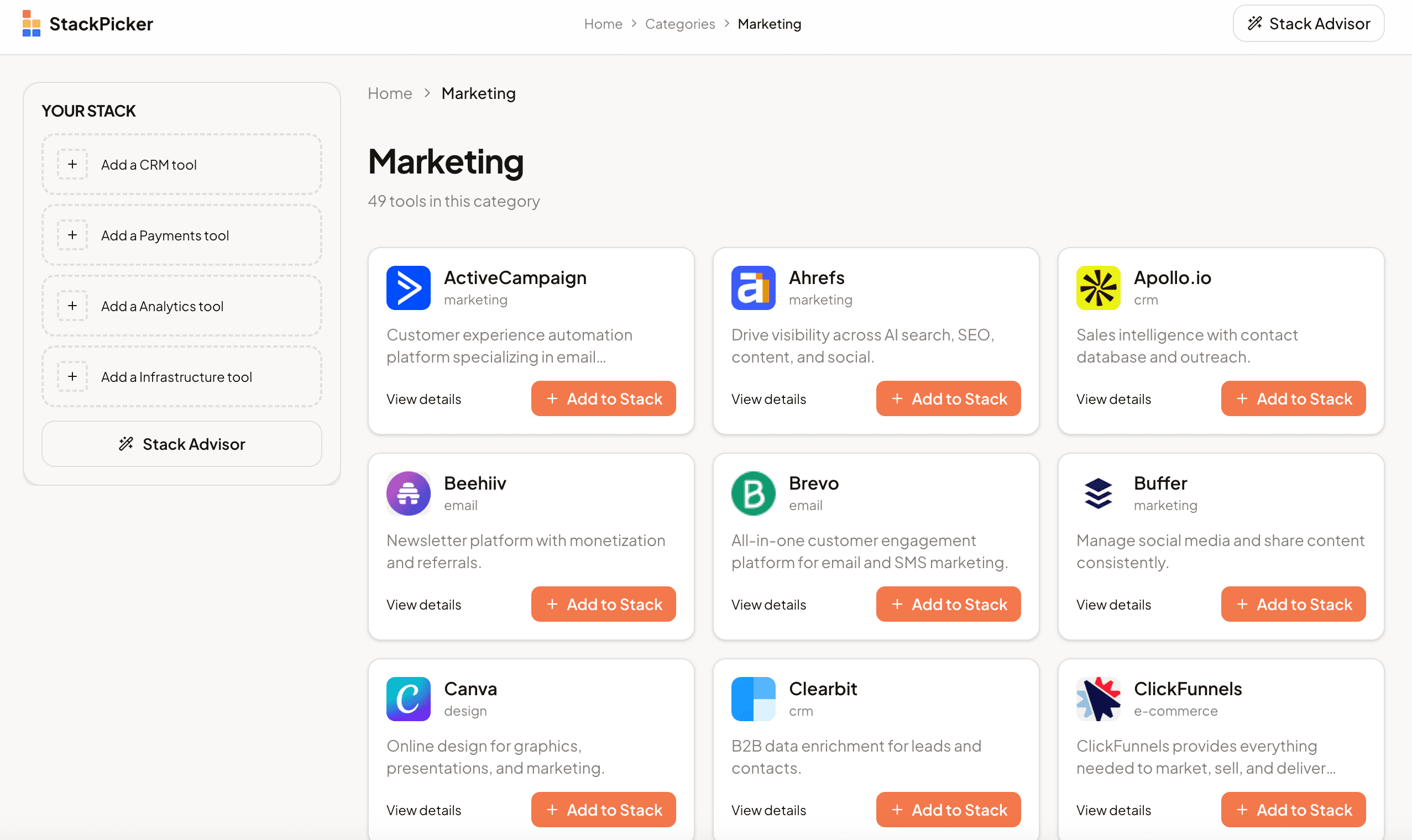 StackPicker Marketing category page showing tool cards for ActiveCampaign, Ahrefs, Buffer, Canva, and more with Add to Stack buttons