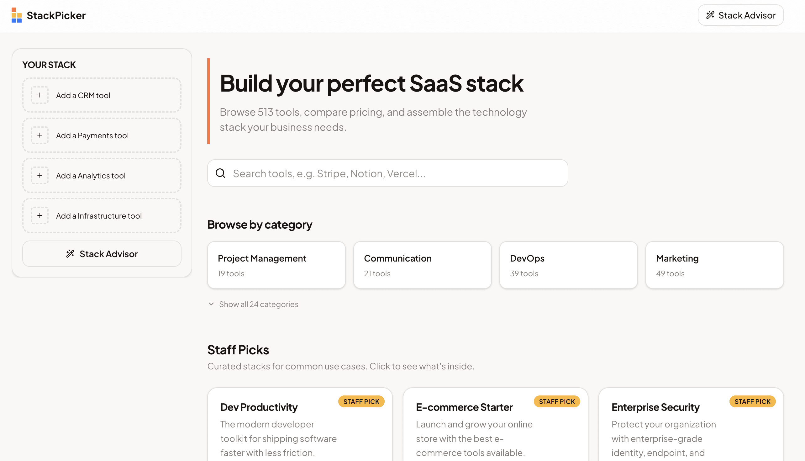 StackPicker homepage showing the visual stack builder sidebar, search bar, category browsing grid, and staff pick templates